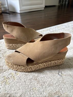 Aquatalia Jaida tan suede slingback espadrille wedge sandals